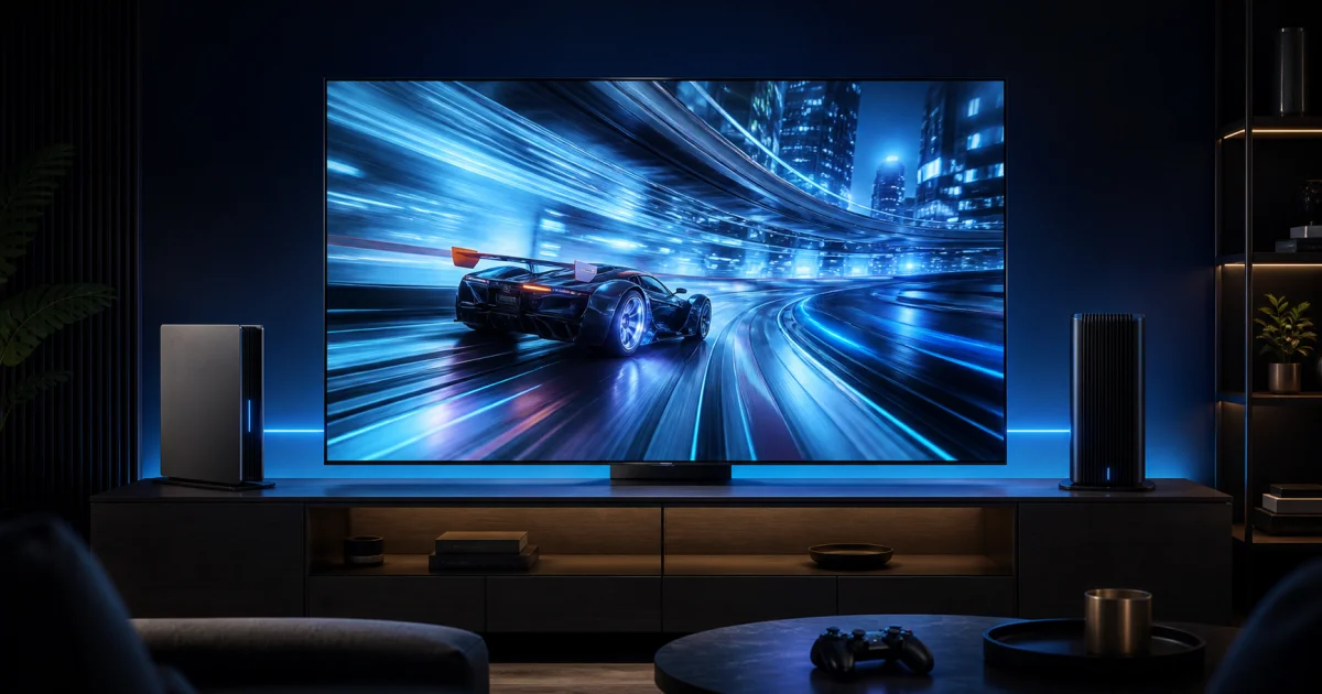 A modern gaming TV displaying a fast racing game beside two unbranded consoles